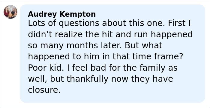 Audrey Kempton comment in blue bubble expressing sympathy for a missing teen and relief that the family has Closure Audrey Kempton comment in blue bubble expressing sympathy for a missing teen and relief that the family has Closure