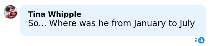 Social media comment bubble asking where he was January to July, screenshot with like icon — Dallas missing persons case Social media comment bubble asking where he was January to July, screenshot with like icon — Dallas missing persons case