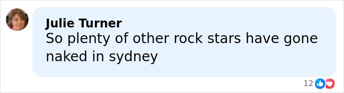 Comment by Julie Turner discussing other rock stars going naked in Sydney, related to Yungblud's viral yacht stunt.