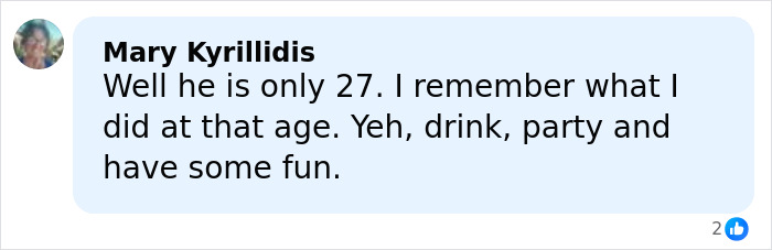 Comment by Mary Kyrillidis recalling partying and having fun at age 27, relating to consequences of Yungblud's viral yacht stunt.