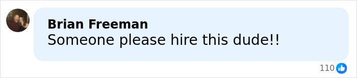 Comment by Brian Freeman saying someone please hire this dude in response to viral SF bartender story