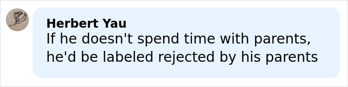 Comment by Herbert Yau in a light blue chat bubble discussing parental rejection and time spent with parents. Comment by Herbert Yau in a light blue chat bubble discussing parental rejection and time spent with parents.