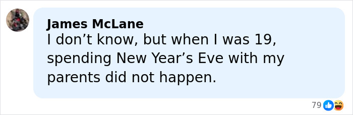 Facebook comment by James McLane discussing not spending New Year’s Eve with parents at age 19, related to Mar-a-Lago rules. Facebook comment by James McLane discussing not spending New Year’s Eve with parents at age 19, related to Mar-a-Lago rules.
