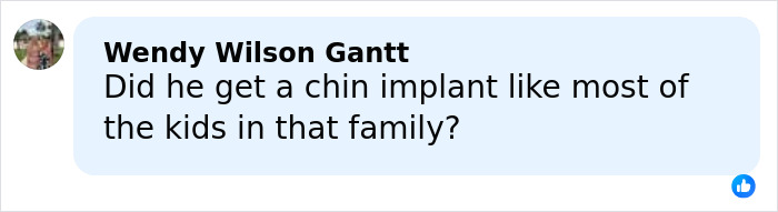 Comment by Wendy Wilson Gantt questioning if someone got a chin implant, referencing family members. Comment by Wendy Wilson Gantt questioning if someone got a chin implant, referencing family members.
