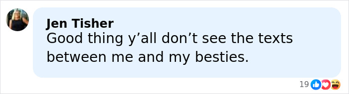 Chat screenshot showing Jen Tisher humorously commenting on private texts with her besties amid Taylor Swift's leaked texts controversy. Chat screenshot showing Jen Tisher humorously commenting on private texts with her besties amid Taylor Swift's leaked texts controversy.