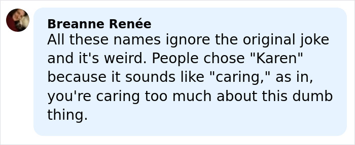Comment from Breanne Ren&eacute;e discussing the origin of the male Karen name chosen by Gen Z for the meme.