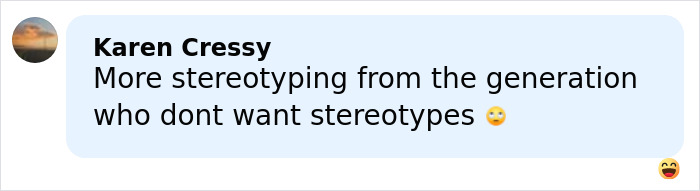 Social media comment by Karen Cressy about stereotyping, relating to Gen Z naming the male Karen stereotype.