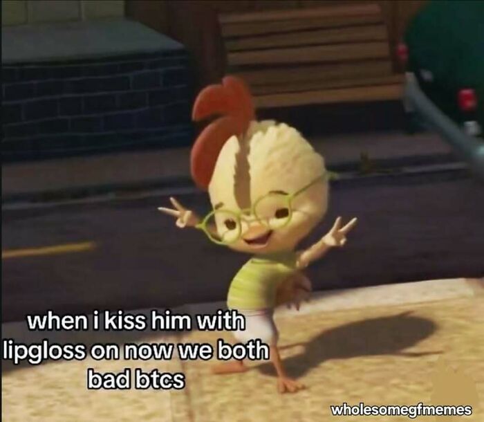 Animated chicken character wearing glasses, posing happily with a playful caption meme for loving memes to send to your girlfriend.