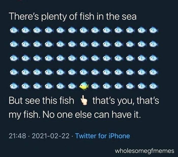 Meme showing many blue fish and one yellow fish, illustrating a loving meme to send to your girlfriend to feel appreciated.