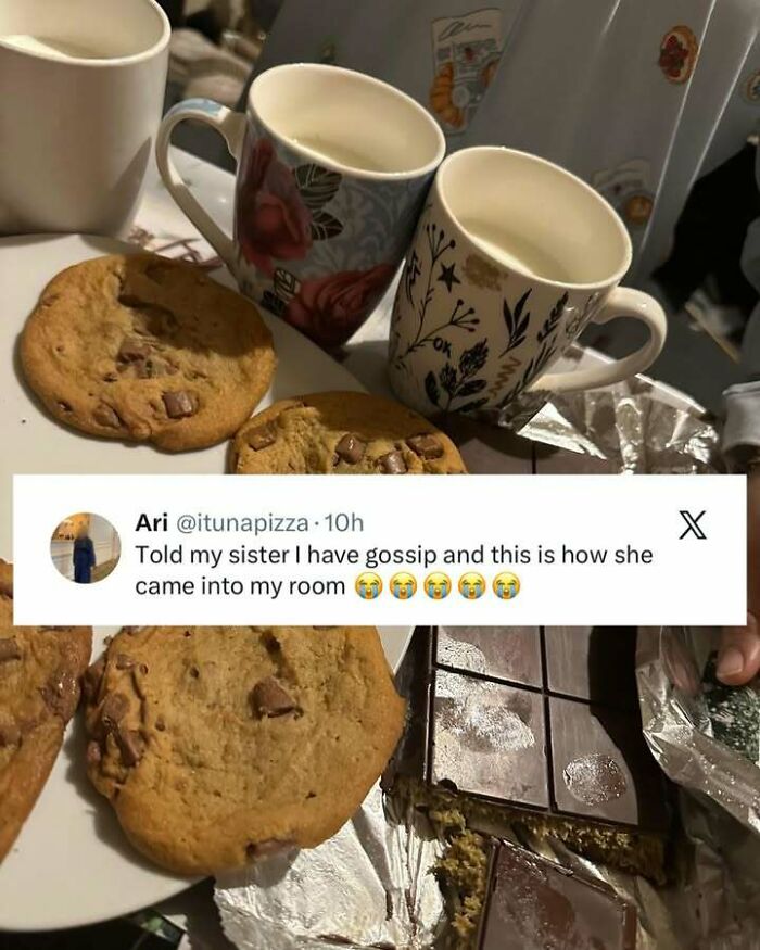 Funny screenshots of cookies, mugs, and a humorous tweet about gossip used to distract from responsibilities.