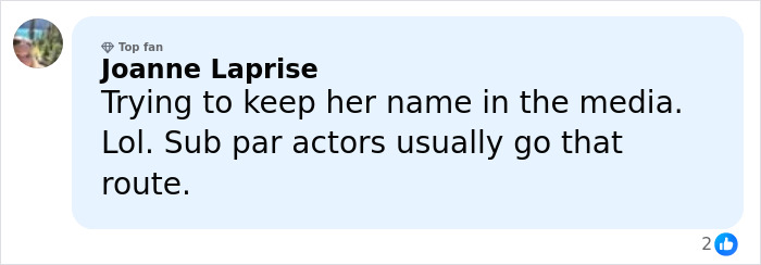 Blue social media comment bubble criticizing Sydney Sweeney photoshoot, top fan badge and small profile avatar visible