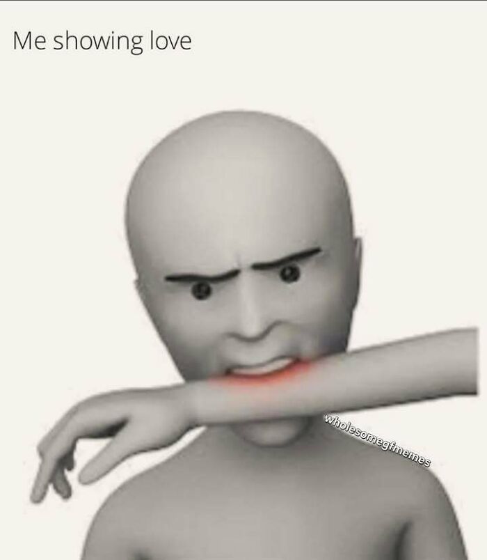3D humanoid figure biting their own arm with red marks, illustrating a humorous way of showing love in memes.
