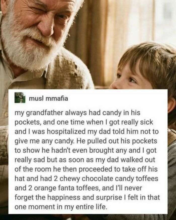 Elderly man winking at a child with a heartfelt story about candy and happiness, funny screenshots for distraction.