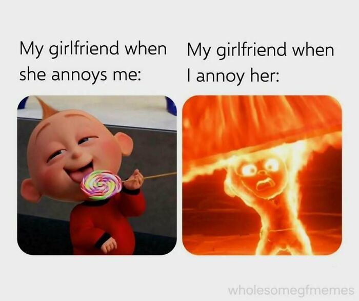 Funny loving meme showing contrasting reactions of a girlfriend when annoyed versus when she annoys, perfect for girlfriend memes.
