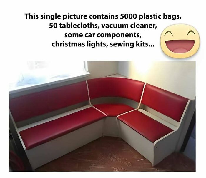 Corner bench made from recycled plastic bags and household items, highlighting a funny Eastern European experience meme.