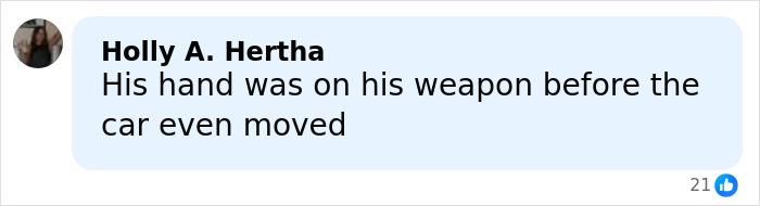 Comment from Holly A. Hertha stating his hand was on his weapon before the car moved in discussion about woman slain by ICE in Minneapolis. Comment from Holly A. Hertha stating his hand was on his weapon before the car moved in discussion about woman slain by ICE in Minneapolis.