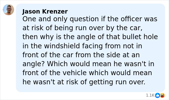 Comment by Jason Krenzer questioning the bullet hole angle in the windshield related to ICE woman slain in Minneapolis car. Comment by Jason Krenzer questioning the bullet hole angle in the windshield related to ICE woman slain in Minneapolis car.