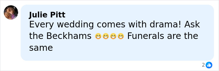 Comment by Julie Pitt mentioning wedding drama with a smiling emoji, posted on a social media platform.