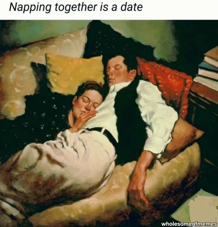 Couple napping closely on a couch with pillows, illustrating loving memes to send to your girlfriend and feel appreciated.
