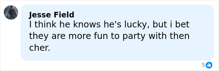 Screenshot of a social media comment by Jesse Field in a blue bubble about Cher rude comment, five likes