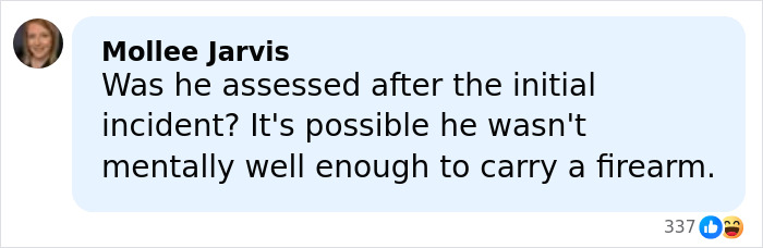 Comment by Mollee Jarvis questioning mental fitness to carry firearm after incident involving father of ICE agent. Comment by Mollee Jarvis questioning mental fitness to carry firearm after incident involving father of ICE agent.