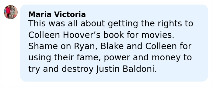 Comment discussing Ryan Reynolds' manipulative email related to It Ends With Us author Colleen Hoover and movie rights.