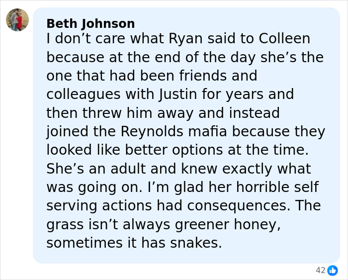 Comment discussing Ryan Reynolds' manipulative email to It Ends With US author Colleen Hoover in a social media post.