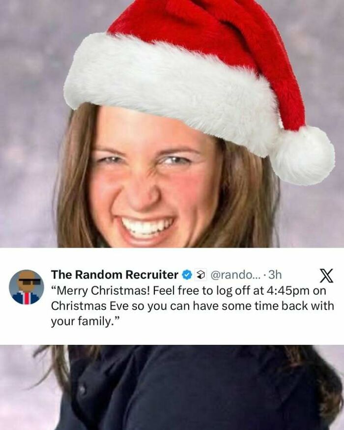 Smiling woman wearing a Santa hat with a humorous tweet about logging off early on Christmas Eve to spend time with family.