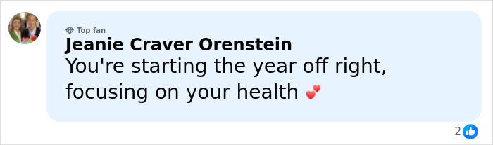 Comment by Jeanie Craver Orenstein encouraging focus on health while referencing Pink’s break after New Year’s Eve in hospital. Comment by Jeanie Craver Orenstein encouraging focus on health while referencing Pink’s break after New Year’s Eve in hospital.