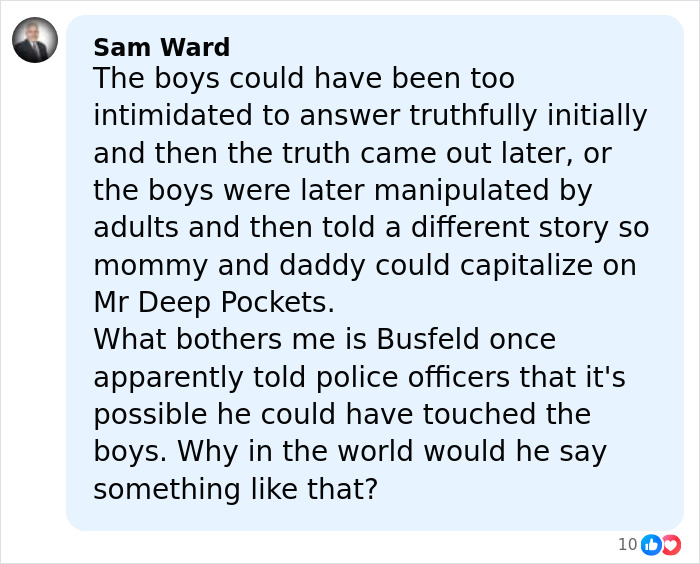 Comment by Sam Ward discussing possible manipulation of boys and questions about Busfield&rsquo;s statements in case audio.