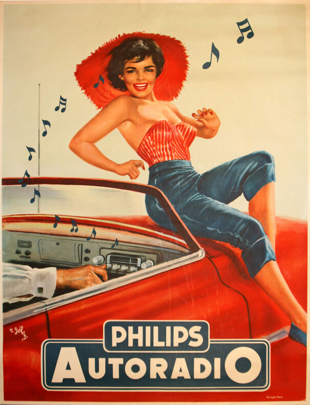 Vintage ad showing a smiling woman in red hat and striped top enjoying music in a car, illustrating changing values over time.