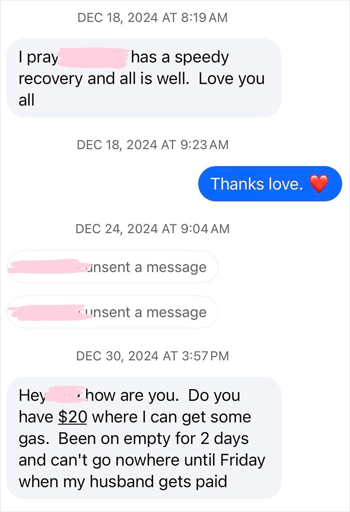 Text message exchange showing a woman offering help but later being asked for money, highlighting being used by a new friend with kids. Text message exchange showing a woman offering help but later being asked for money, highlighting being used by a new friend with kids.