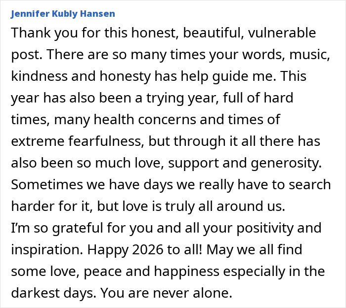 Comment expressing gratitude and support after Pink breaks silence about spending New Year&rsquo;s Eve alone in hospital.