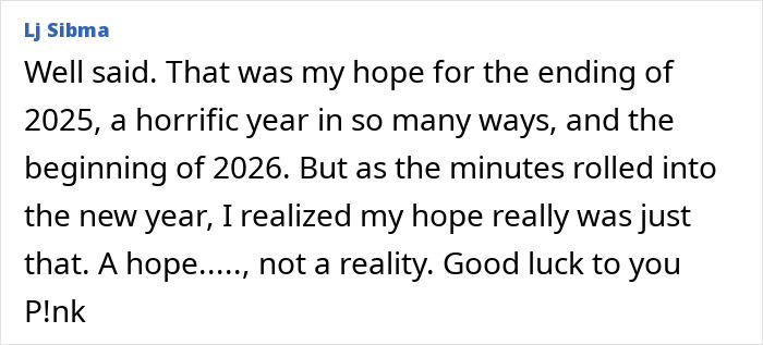 Screenshot of a supportive comment responding to Pink breaking silence after spending New Year&rsquo;s Eve alone in hospital.