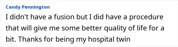 Text excerpt from Candy Pennington about a procedure improving quality of life after spending New Year’s Eve alone in hospital. Text excerpt from Candy Pennington about a procedure improving quality of life after spending New Year’s Eve alone in hospital.