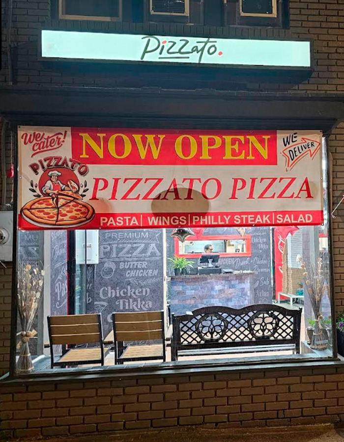 Pizzato Pizza restaurant storefront with now open banner, advertising pasta wings philly steak salad and delivery options. Pizzato Pizza restaurant storefront with now open banner, advertising pasta wings philly steak salad and delivery options.