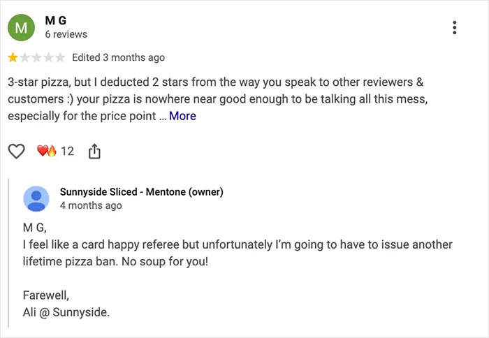 Screenshot of a harsh online pizza review and the pizzeria owner's salty reply banning the reviewer from future orders.