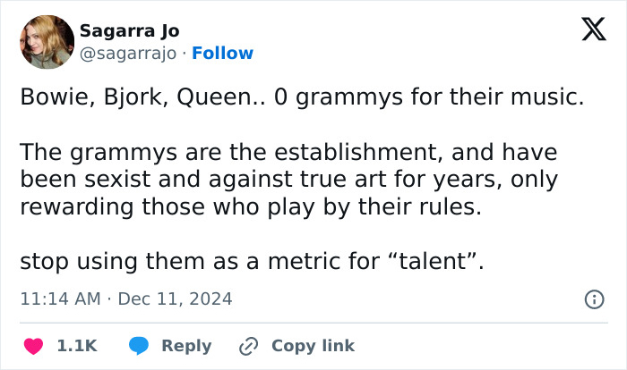 Tweet criticizing Grammy snubs and their impact on fans, discussing the controversy around music awards and artist recognition. Tweet criticizing Grammy snubs and their impact on fans, discussing the controversy around music awards and artist recognition.