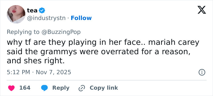 Social media user responding about Grammy snubs, expressing fan disappointment and referencing Mariah Carey’s opinion on the awards. Social media user responding about Grammy snubs, expressing fan disappointment and referencing Mariah Carey’s opinion on the awards.