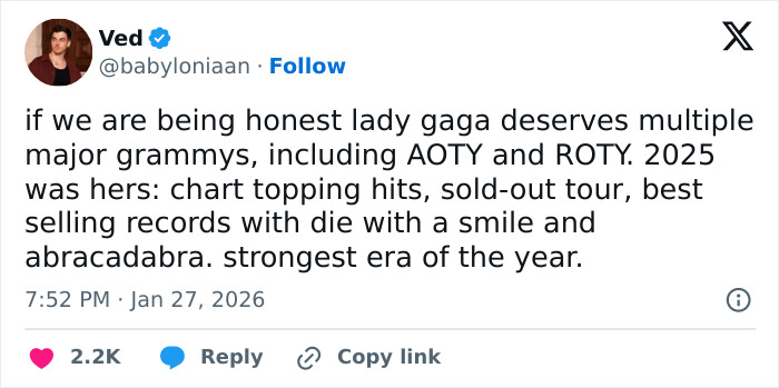 Tweet expressing that Lady Gaga deserved multiple major Grammys in 2025, highlighting fans' reactions to Grammy snubs. Tweet expressing that Lady Gaga deserved multiple major Grammys in 2025, highlighting fans' reactions to Grammy snubs.