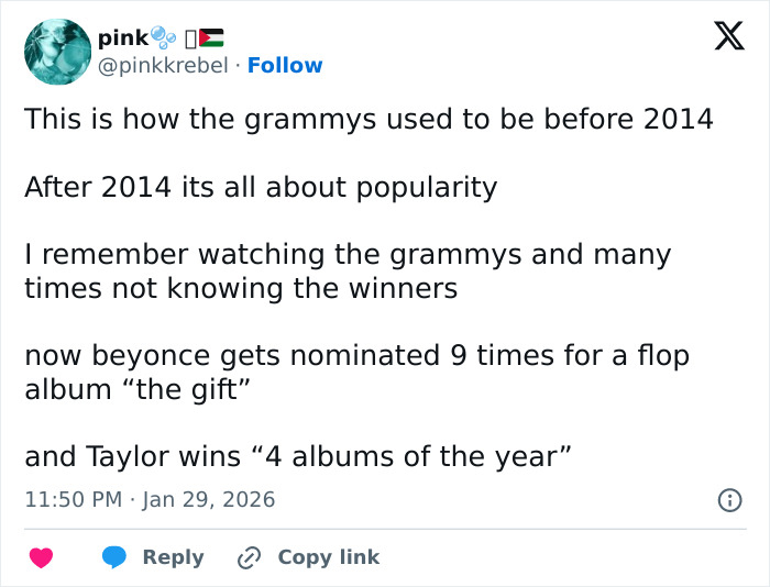 Tweet discussing Grammy snubs and fan disappointment over nominations and winners since 2014 changes. Tweet discussing Grammy snubs and fan disappointment over nominations and winners since 2014 changes.