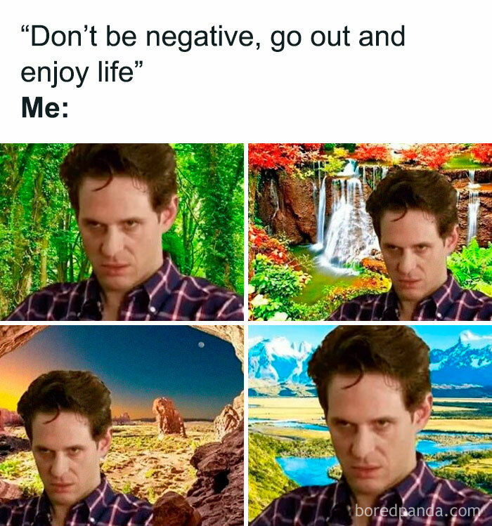 Man with serious expression in four surreal nature backgrounds, representing funny memes that make absolutely no sense.