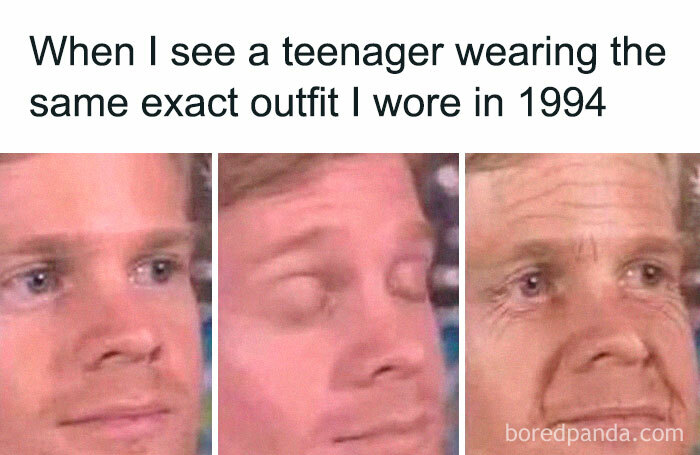 Man reacting with disbelief and nostalgia in a funny meme illustrating 1994 outfit fashion from nonsensical memes keyword.