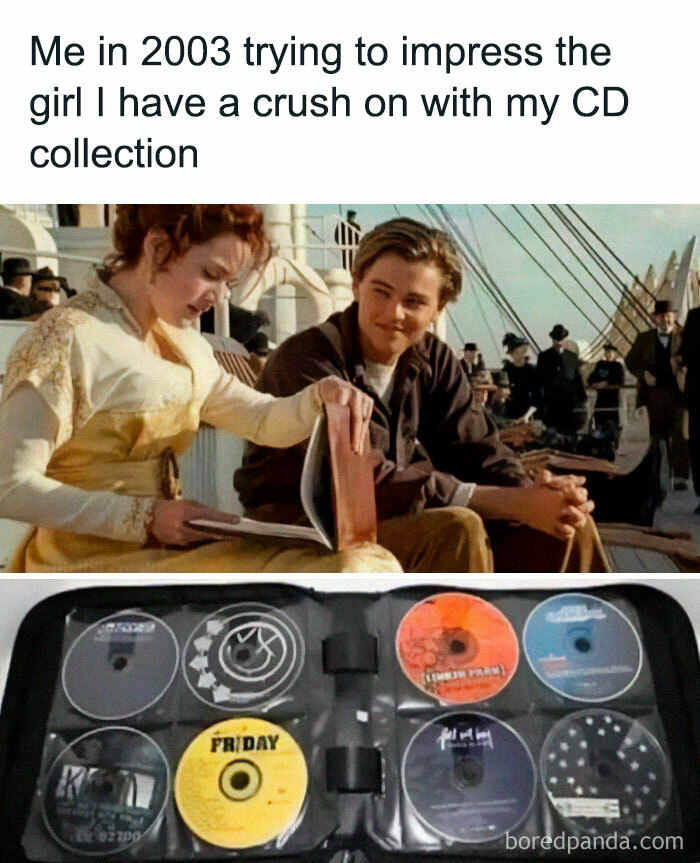 Scene from Titanic with a CD collection below, a funny meme illustrating funny memes that make absolutely no sense.