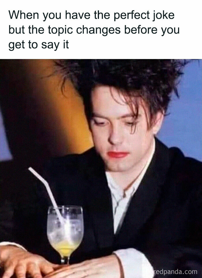 Person with messy hair looking thoughtful, caption about having a perfect joke but topic changes, funny memes that make no sense.