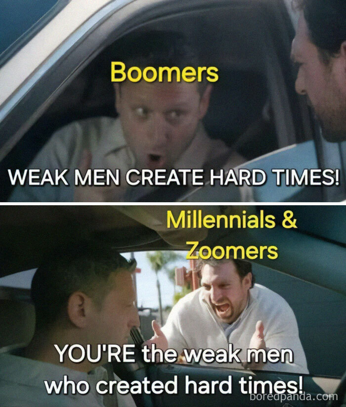 Meme showing a humorous argument between Boomers and Millennials with funny memes that make no sense.