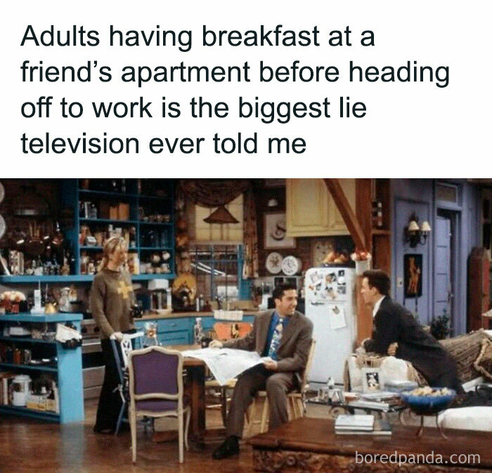 Scene from a sitcom showing friends at a kitchen table with a caption about adults having breakfast, a funny meme that makes no sense.