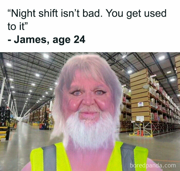 Man with white beard and pink skin wearing a safety vest in a warehouse, a funny meme that makes no sense and somehow works.