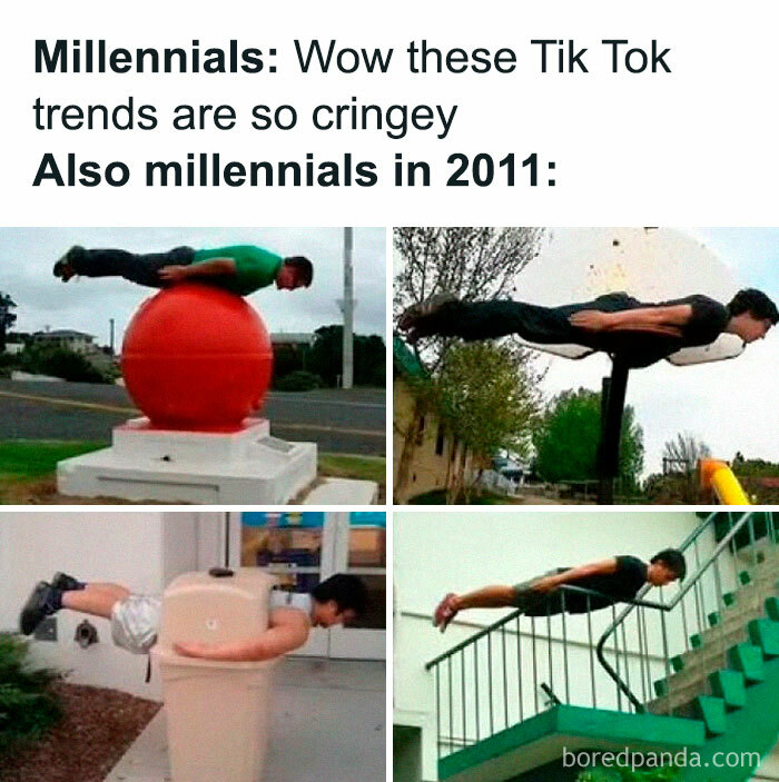 Millennials humor with funny memes showing people planking in weird places, highlighting absurd meme trends.