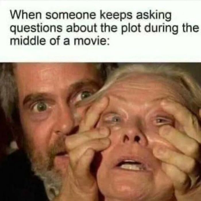 Man holding woman's eyes open with fingers in a funny meme about plot questions, a popular funny memes that make absolutely no sense.